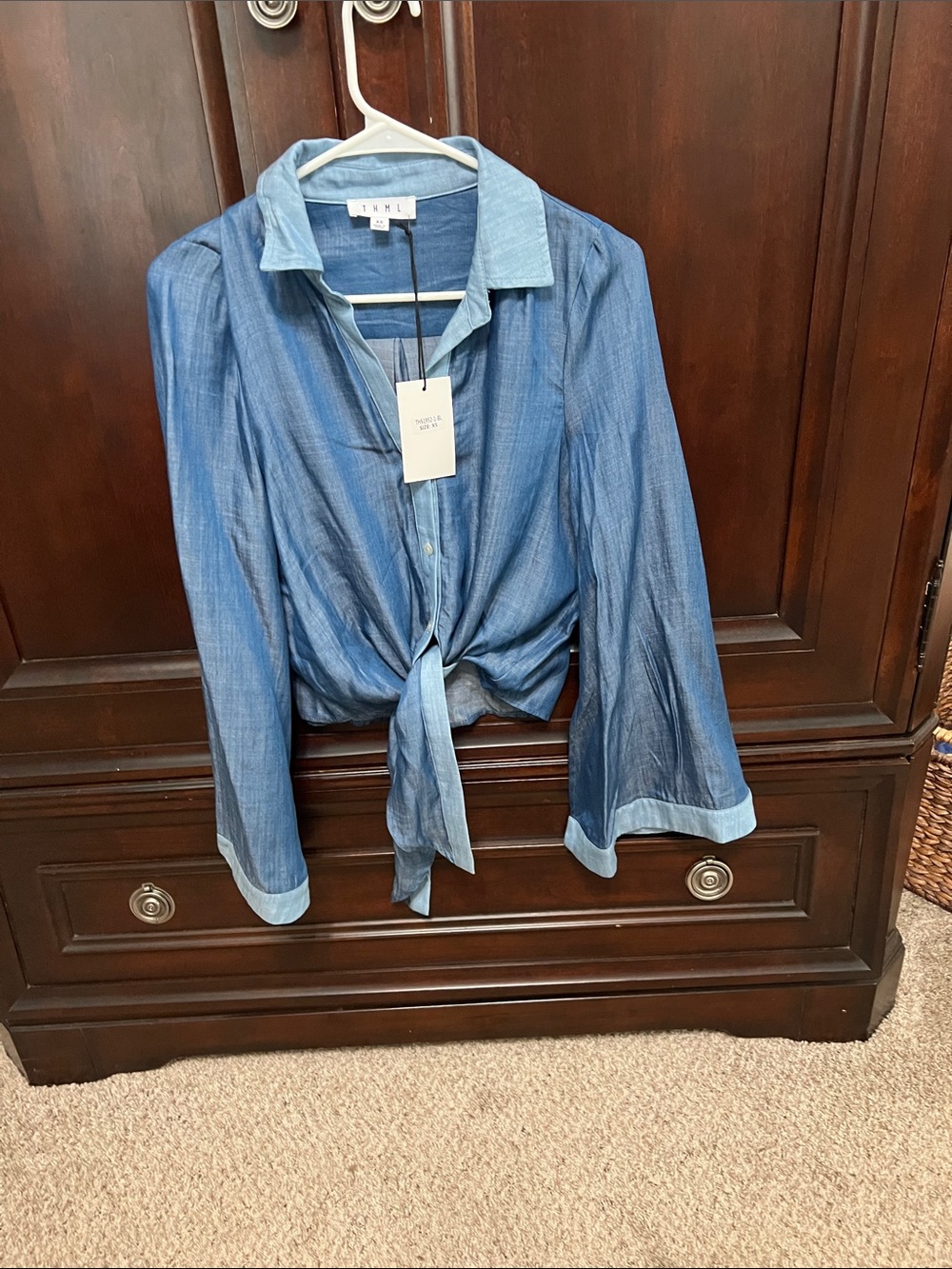 THML Light Chambray Tie-Front Shirt - Light Blue